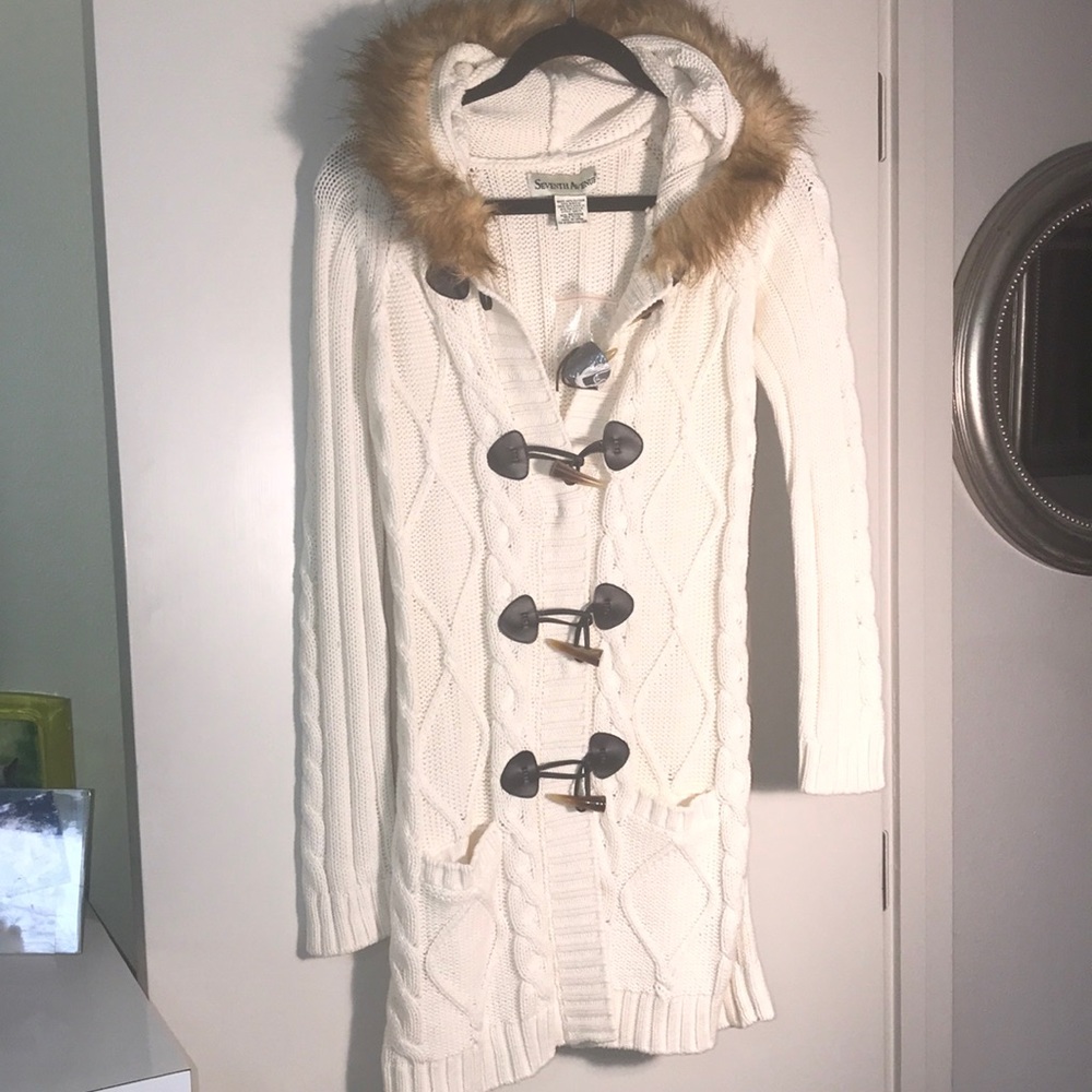 NWT Seventh Avenue Faux Fur Cable Knit Cardigan